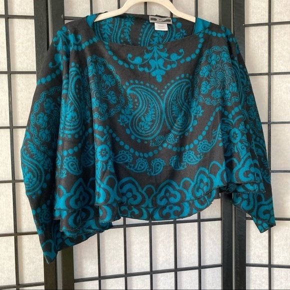 Paisley Patterned Knitted Layered Shawl Poncho Blue Black Medium Large XL - Picture 2 of 5